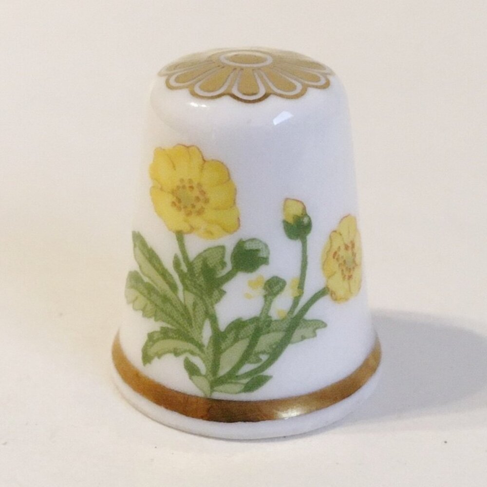 Floral Spode Thimble Fine Bone China England Yellow Flowers Green Leaves Vintage